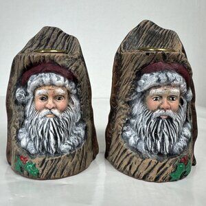 Hand Painted Ceramic Santa Candlestick Holder Set (2) face log holiday vintage
